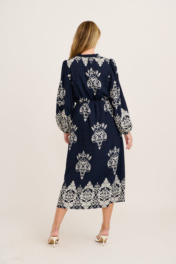 Bexley Midi Dress in Navy with White Print back