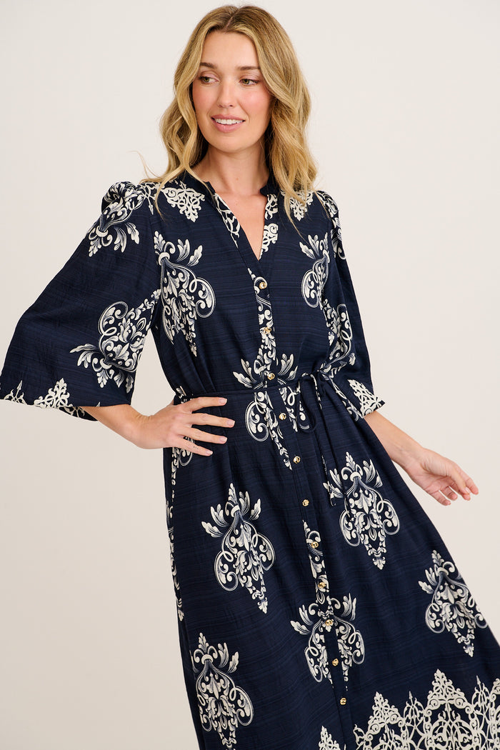 Bexley Midi Dress in Navy with White Print front