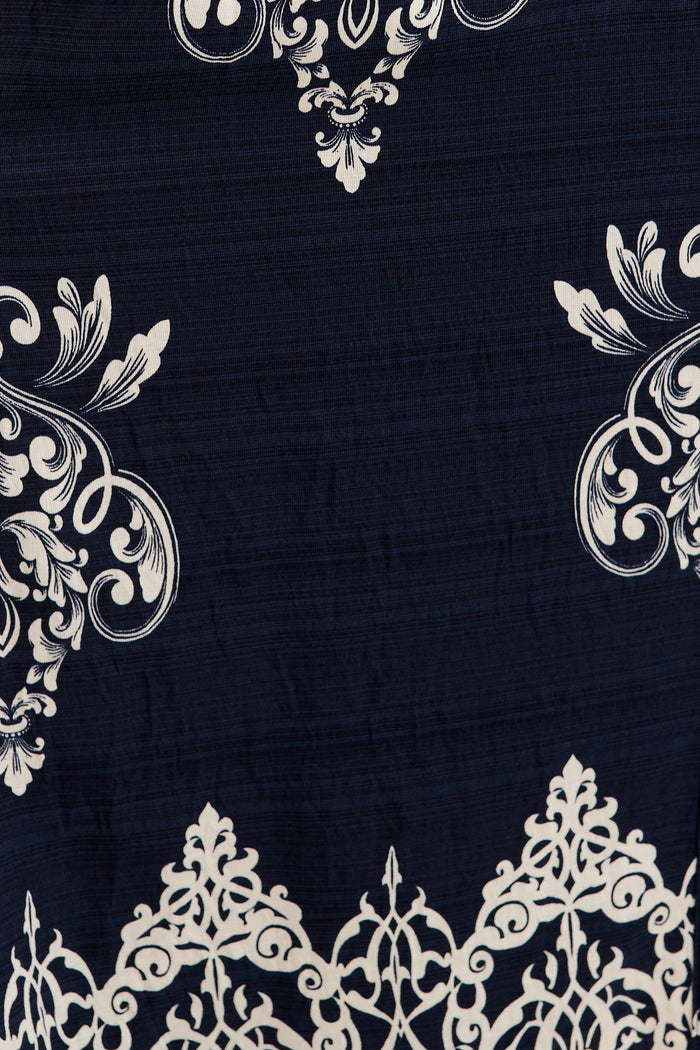 Bexley Midi Dress in Navy with White Print fabric