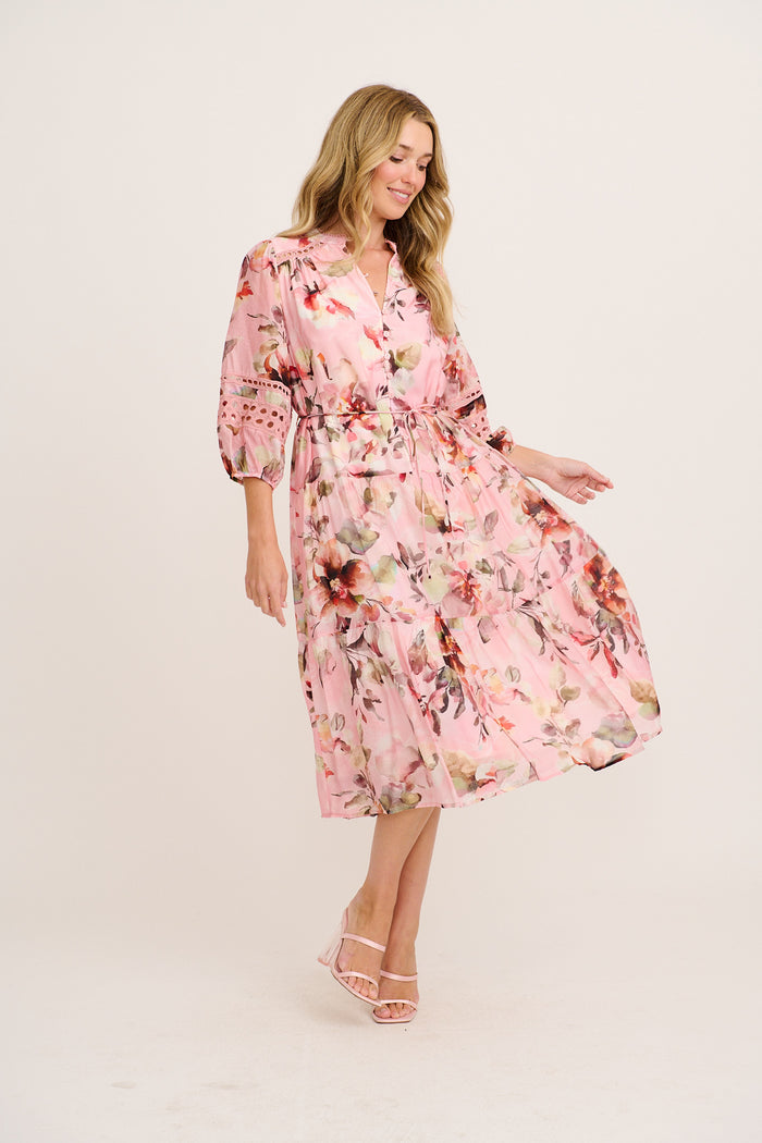 Milen Midi Dress in Pink with Multi Floral full length
