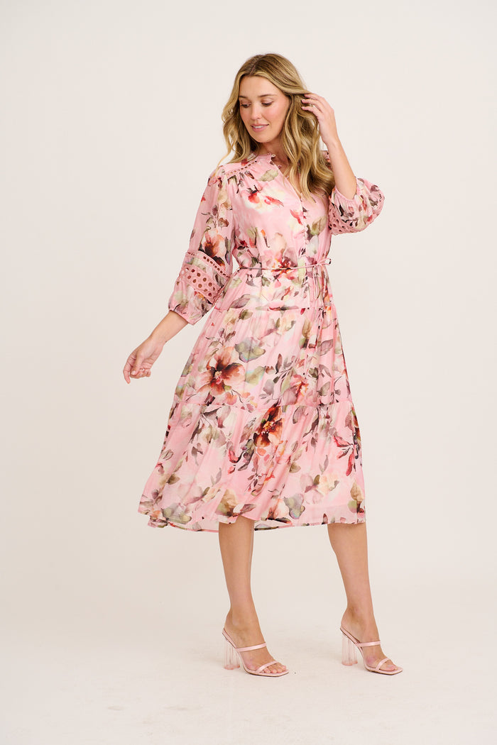 Milen Midi Dress in Pink with Multi Floral side