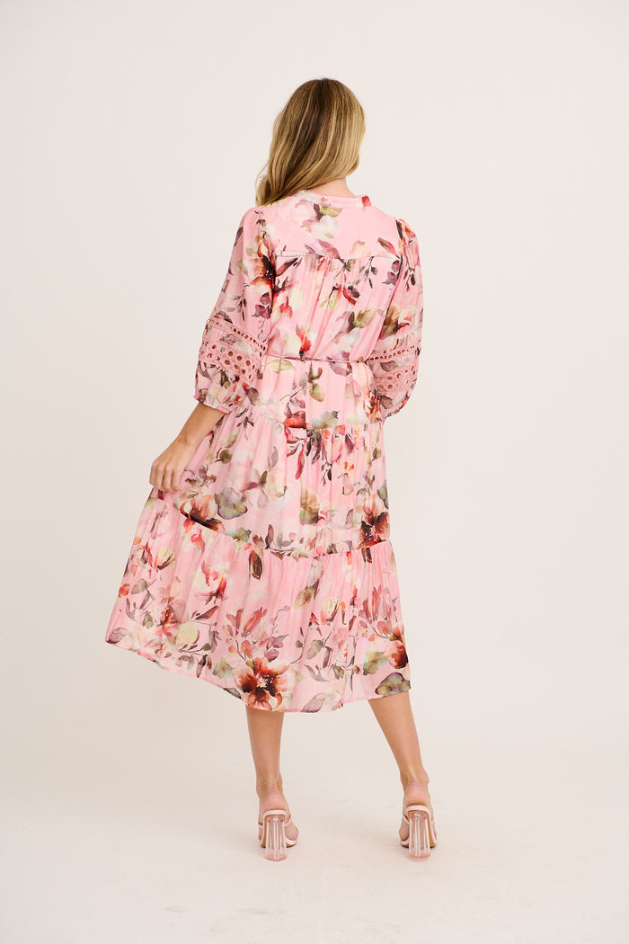 Milen Midi Dress in Pink with Multi Floral back