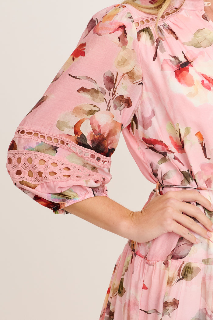 Milen Midi Dress in Pink with Multi Floral detail