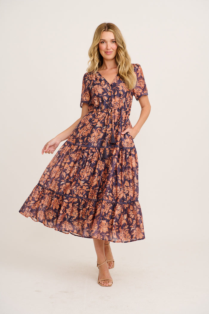 Posy Midi Dress in Navy with Rust Floral full length