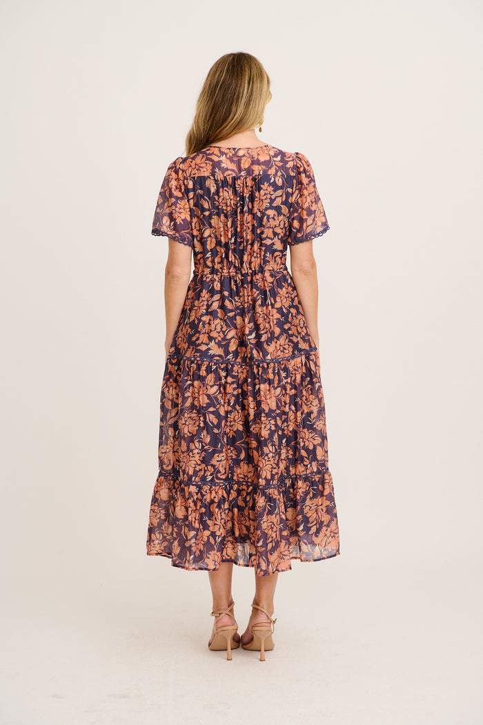 Posy Midi Dress in Navy with Rust Floral back
