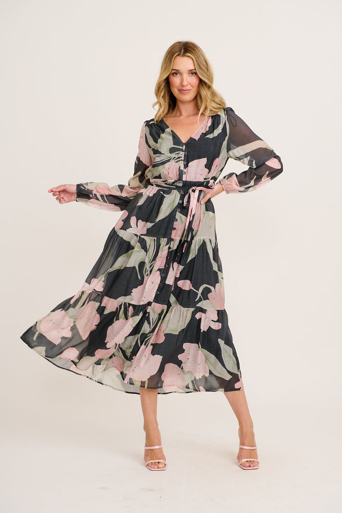 Versatile Midi Dress in Charcoal with Pink Floral full length