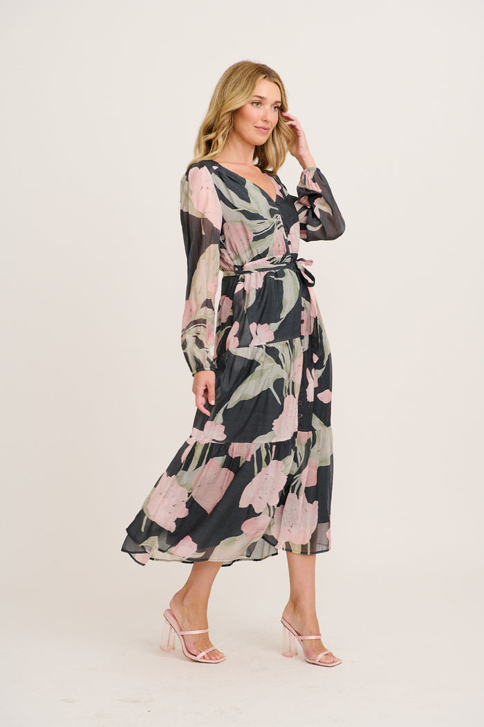Versatile Midi Dress in Charcoal with Pink Floral side