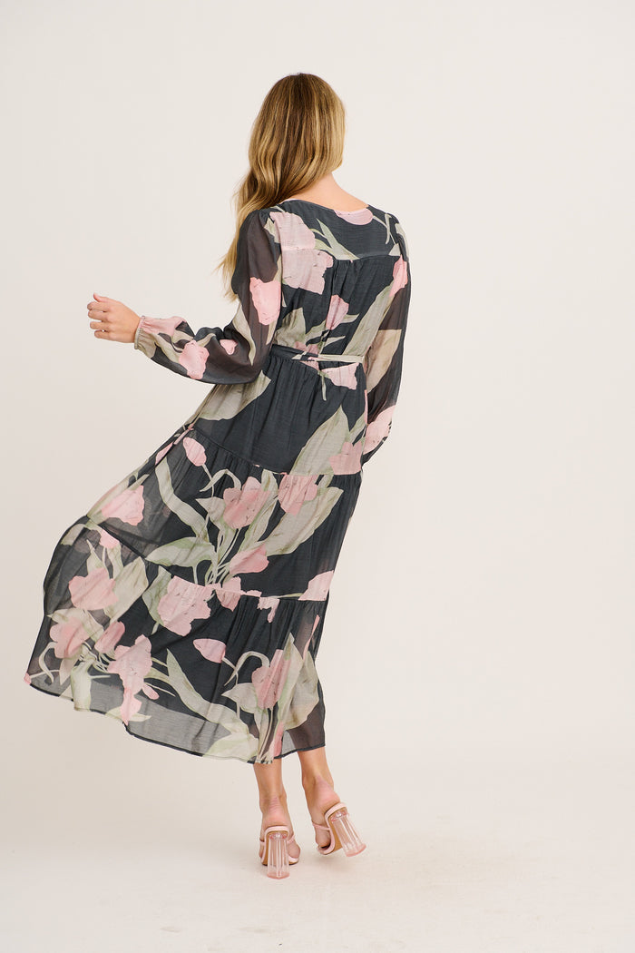 Versatile Midi Dress in Charcoal with Pink Floral back