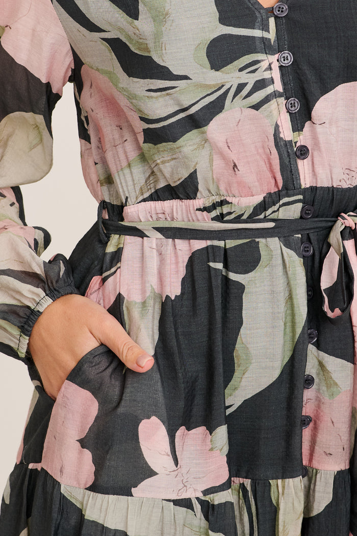 Versatile Midi Dress in Charcoal with Pink Floral detail