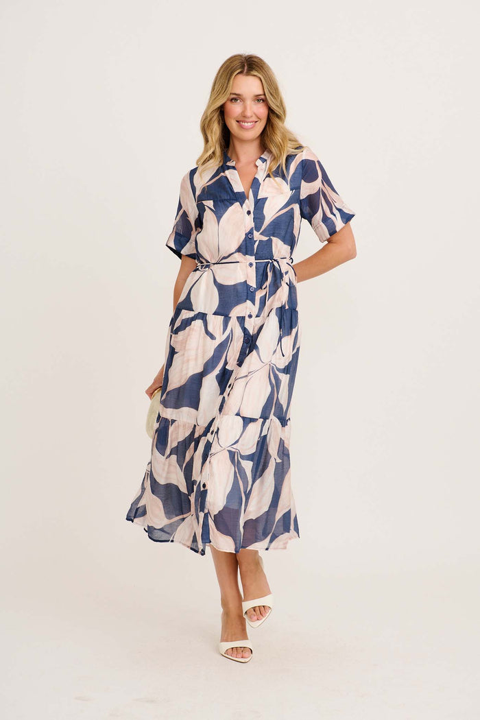Javi Midi Dress in Navy with Beige Floral full length