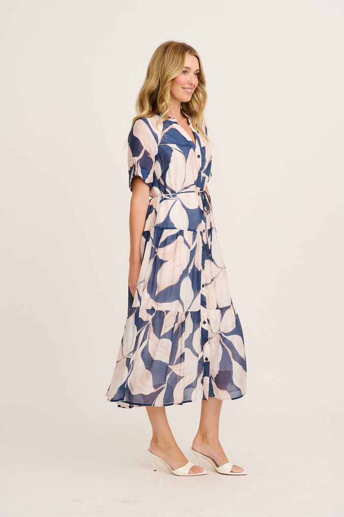 Javi Midi Dress in Navy with Beige Floral side