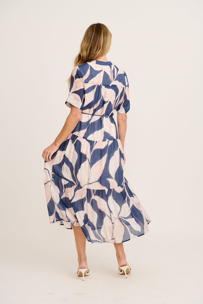 Javi Midi Dress in Navy with Beige Floral back