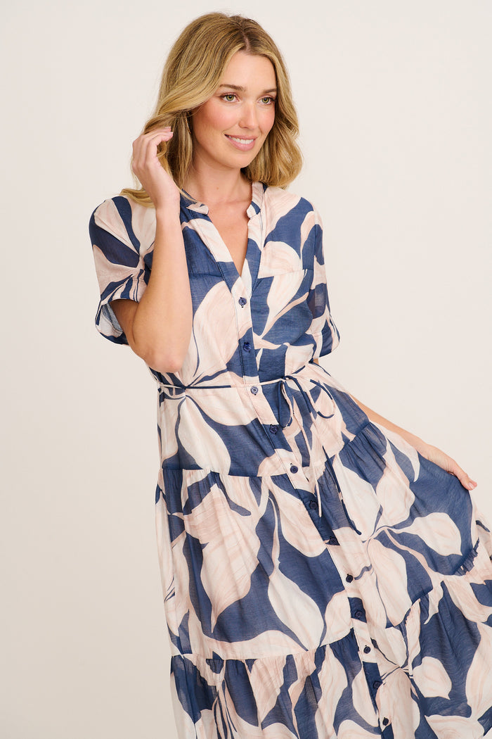 Javi Midi Dress in Navy with Beige Floral front