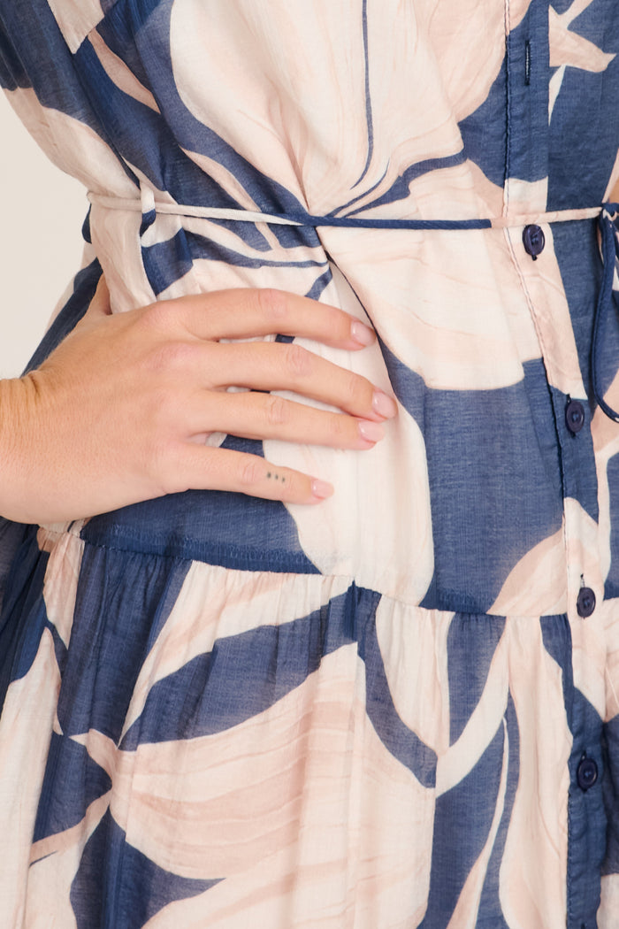 Javi Midi Dress in Navy with Beige Floral detail