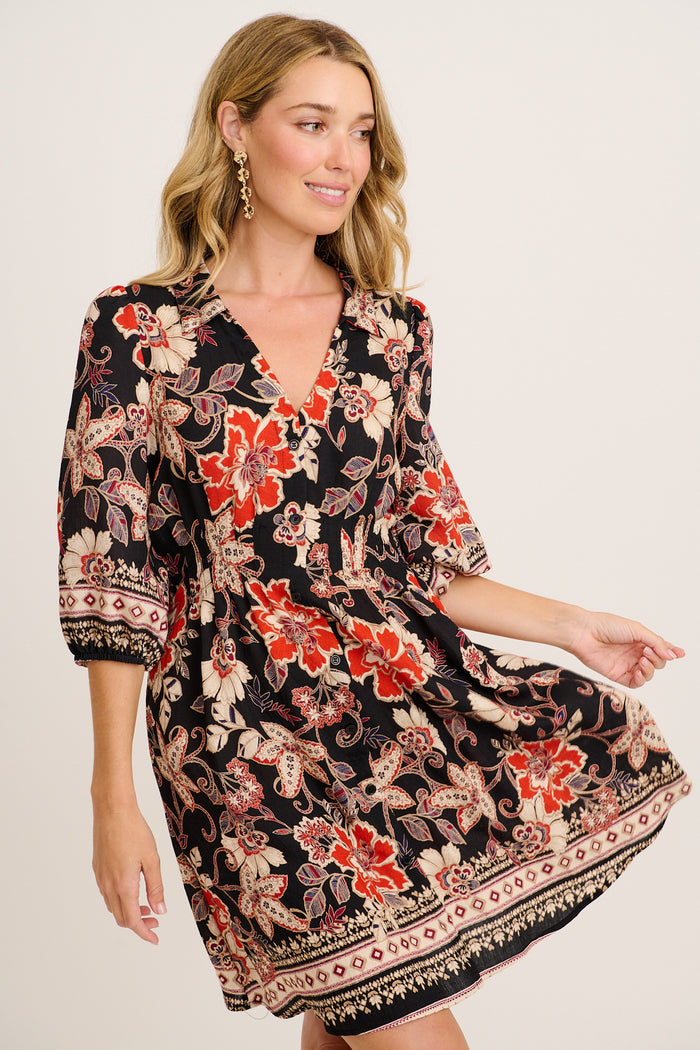 Siobhan Dress in Black with Red Boho Floral front