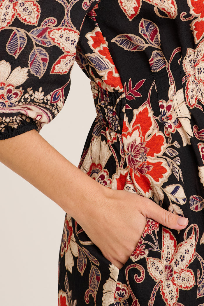 Siobhan Dress in Black with Red Boho Floral detail