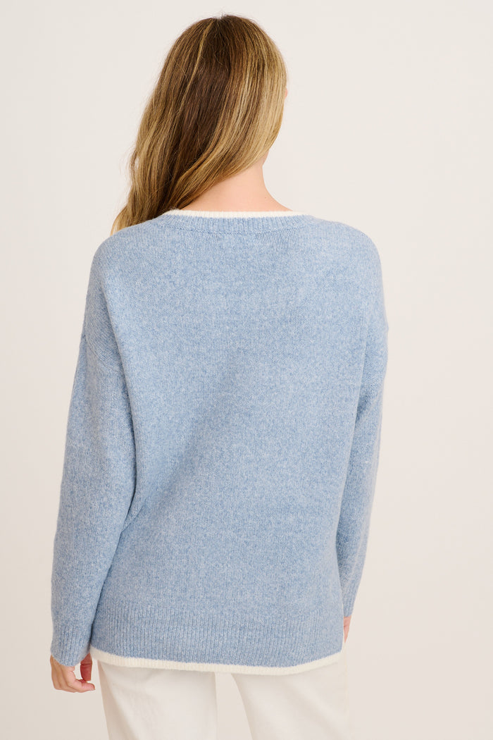 Morning Mist Knit in Blue with Cream Trim Wool Blend back