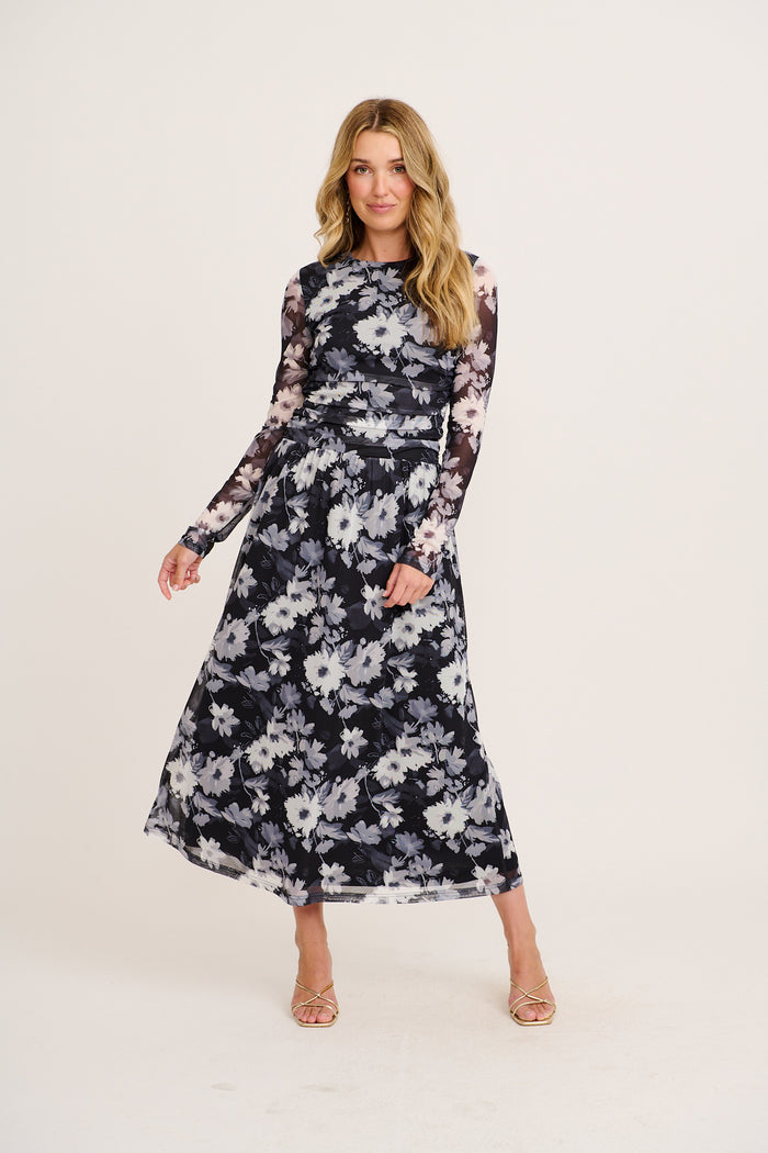Imagine It Maxi Dress in Black and White Floral Mesh full length