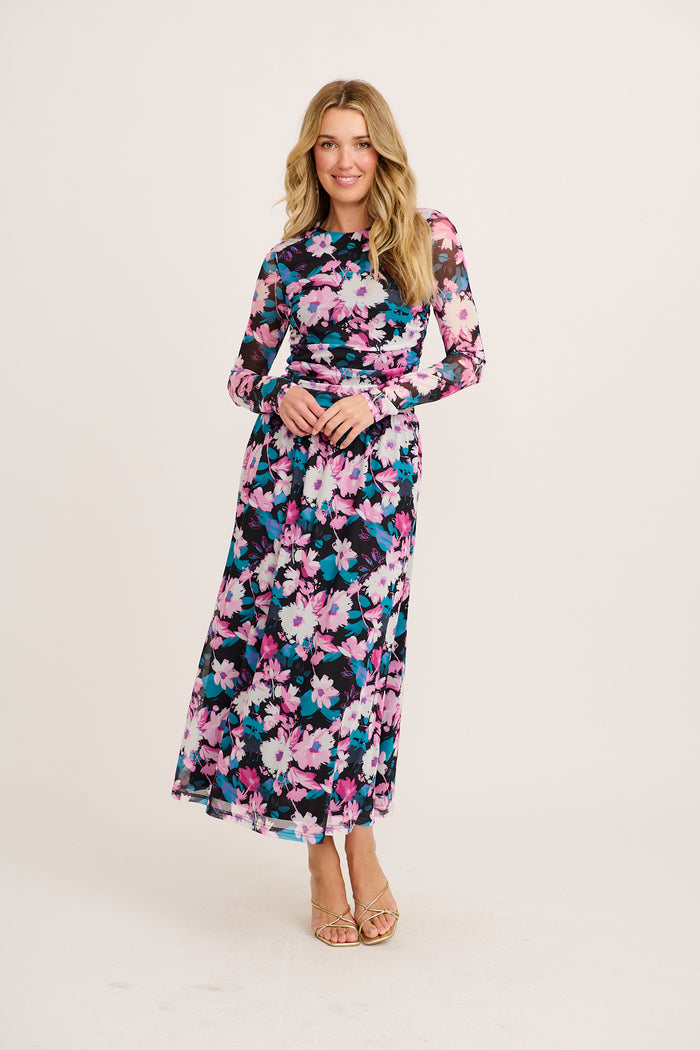 Imagine It Maxi Dress in Black and Multi Pink Floral Mesh full length