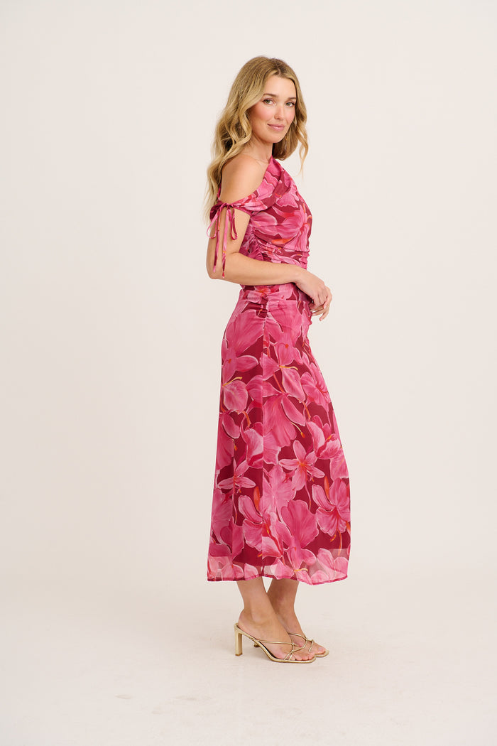 Encounters Off Shoulder Maxi Dress in Pink Floral Chiffon side