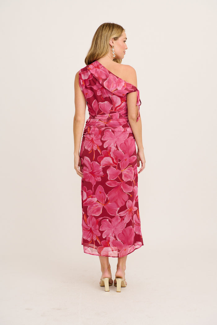 Encounters Off Shoulder Maxi Dress in Pink Floral Chiffon back