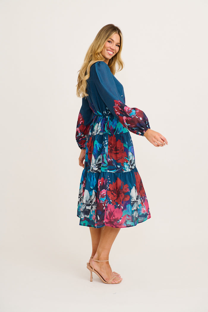 Nicola Midi Dress in Navy with Multi Red Floral side