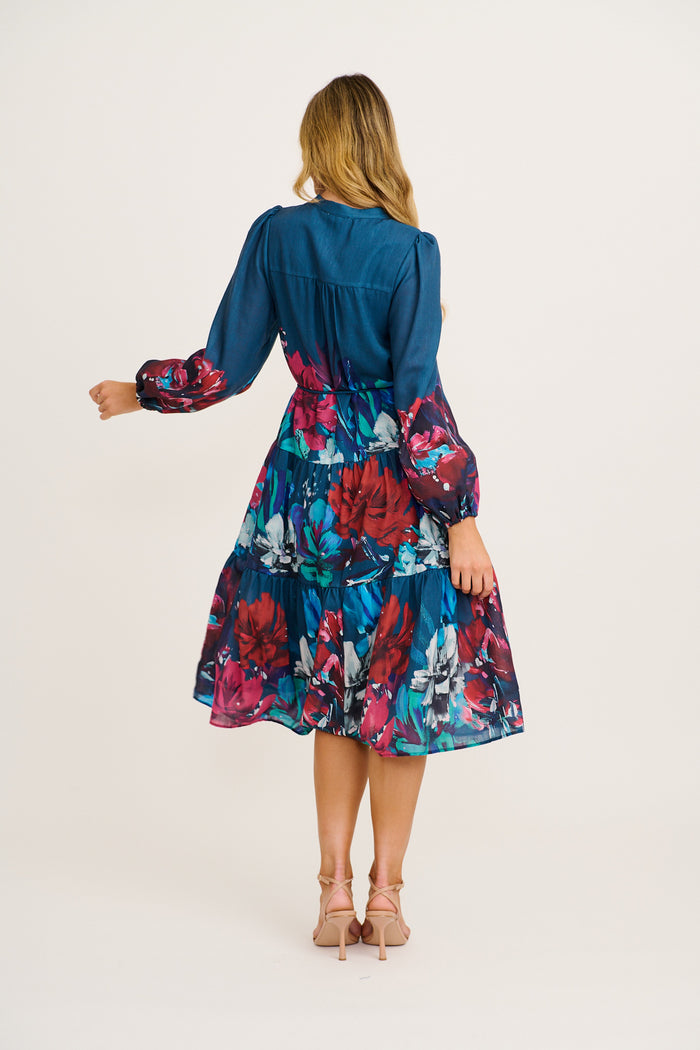 Nicola Midi Dress in Navy with Multi Red Floral back