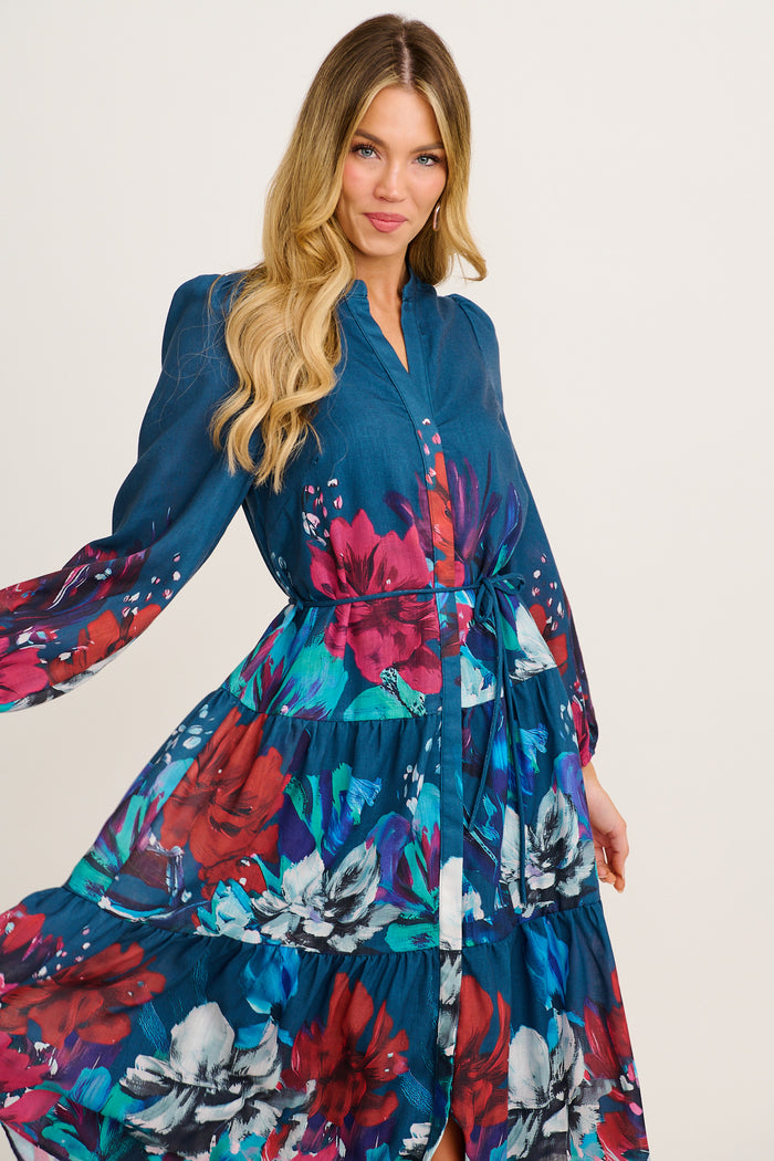 Nicola Midi Dress in Navy with Multi Red Floral front