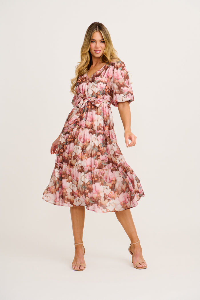 Fern Midi Dress in Multi Pink and Wine Floral full length