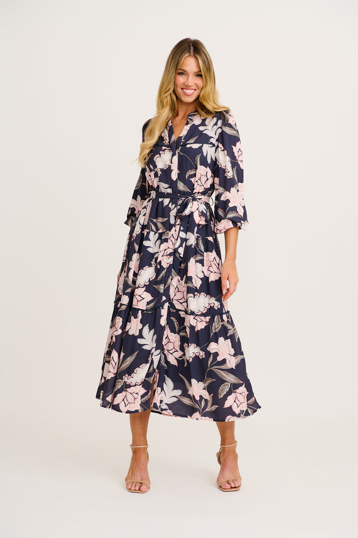 navy blue pink floral dress Josia Midi Dress Navy Pink Floral