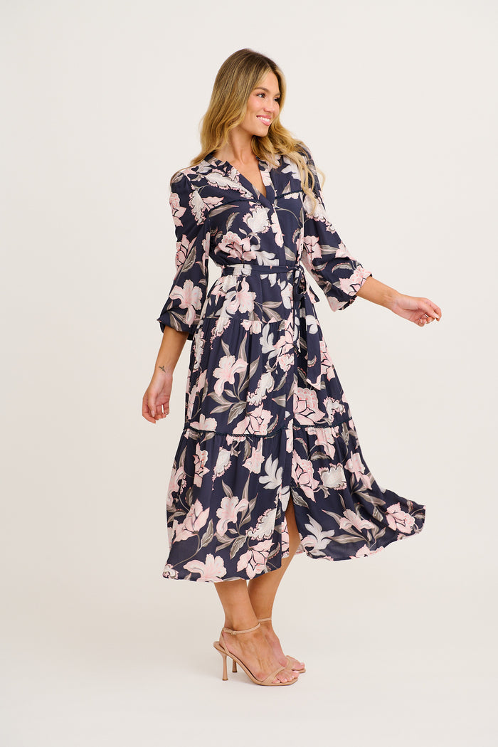 Josia Midi Dress in Navy with Pink Floral side