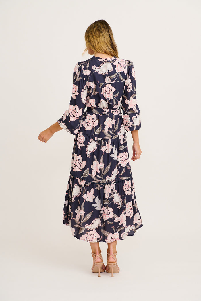Josia Midi Dress in Navy with Pink Floral back