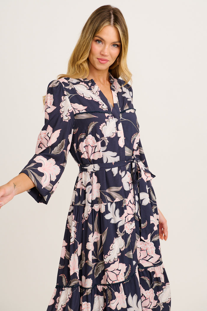 Josia Midi Dress in Navy with Pink Floral front