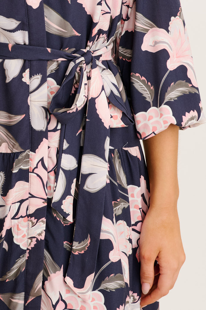 Josia Midi Dress in Navy with Pink Floral detail