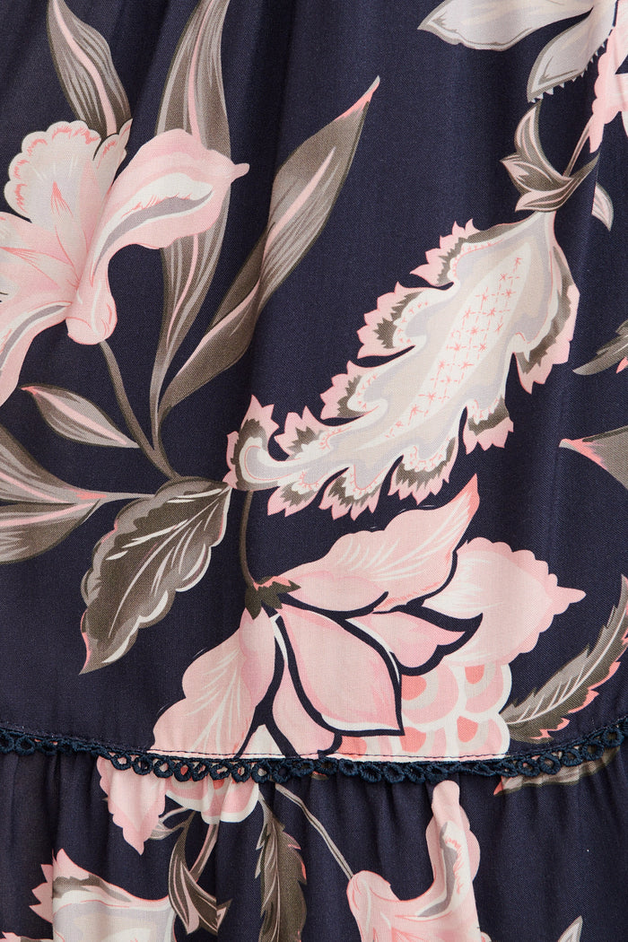 Josia Midi Dress in Navy with Pink Floral fabric