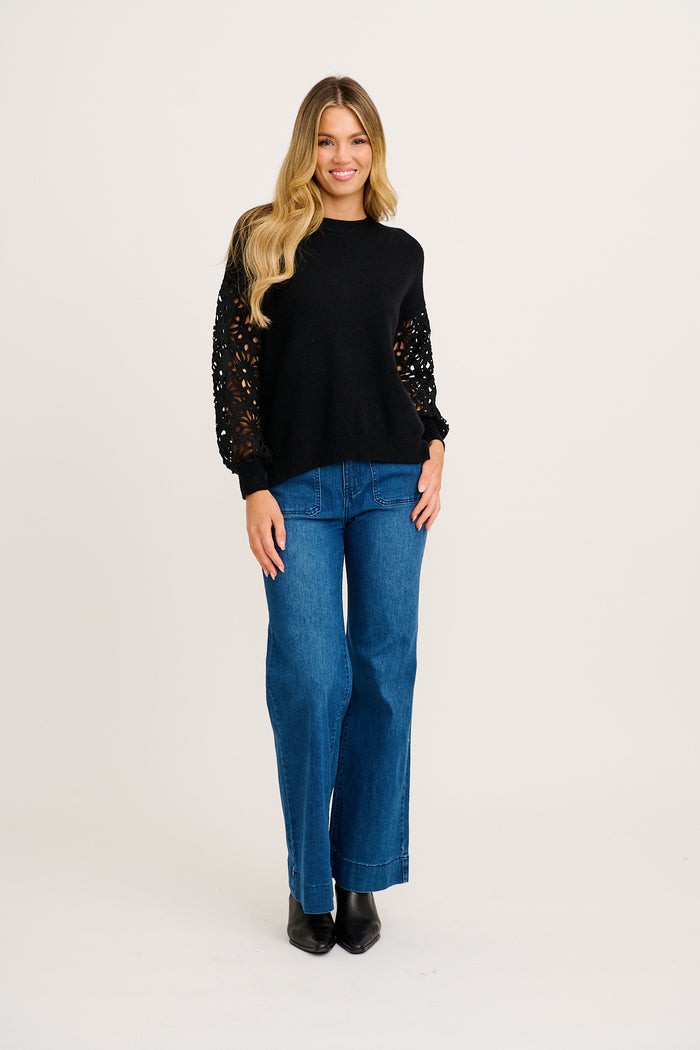 Winter Kiss Knit in Black with Crochet Sleeve Wool Blend full length
