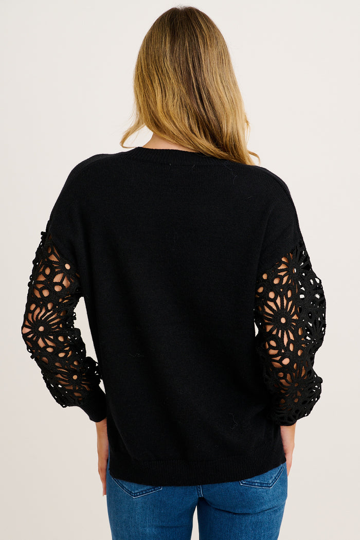 Winter Kiss Knit in Black with Crochet Sleeve Wool Blend back