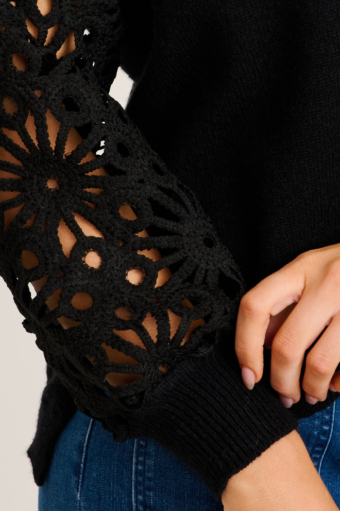 Winter Kiss Knit in Black with Crochet Sleeve Wool Blend detail