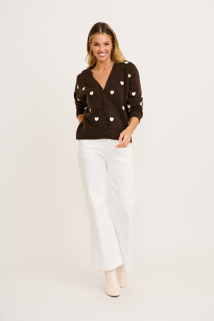 Sweetheart Stitch Knit Cardigan in Chocolate Heart Wool Blend full length