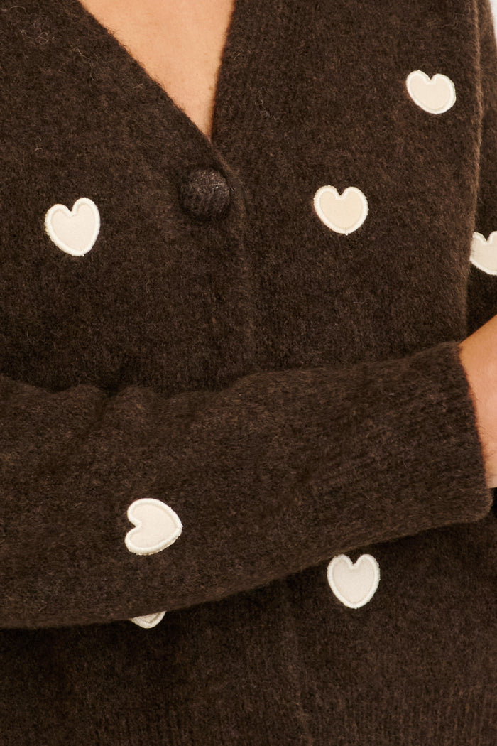 Sweetheart Stitch Knit Cardigan in Chocolate Heart Wool Blend detail