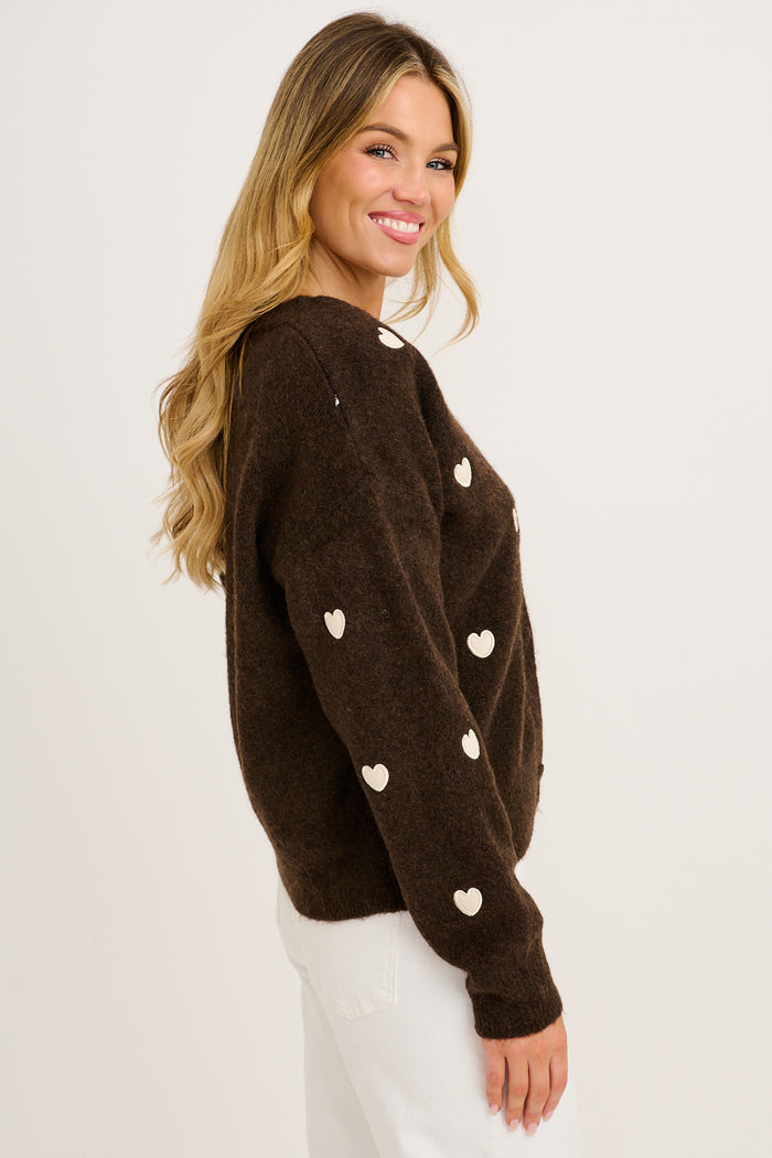 Sweetheart Stitch Knit Cardigan in Chocolate Heart Wool Blend side