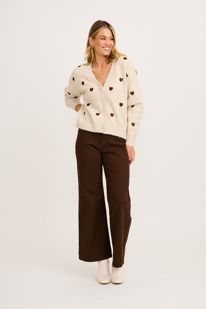 Sweetheart Stitch Knit Cardigan in Oatmeal Heart Wool Blend full length