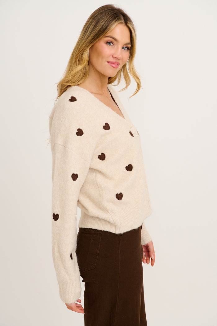 Sweetheart Stitch Knit Cardigan in Oatmeal Heart Wool Blend side