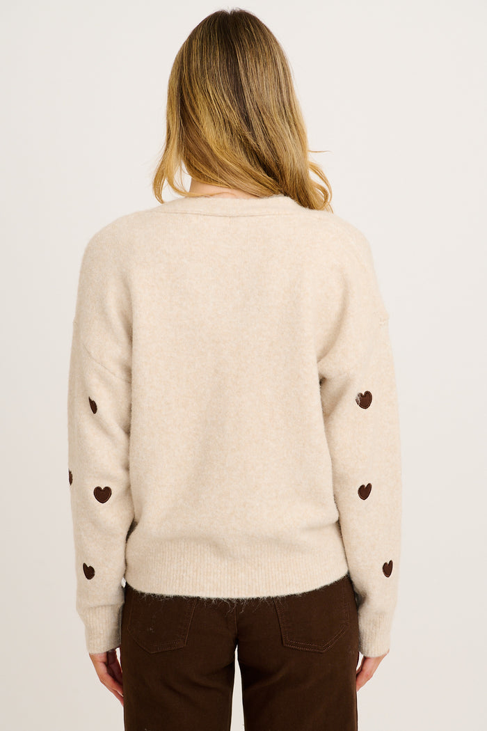 Sweetheart Stitch Knit Cardigan in Oatmeal Heart Wool Blend back