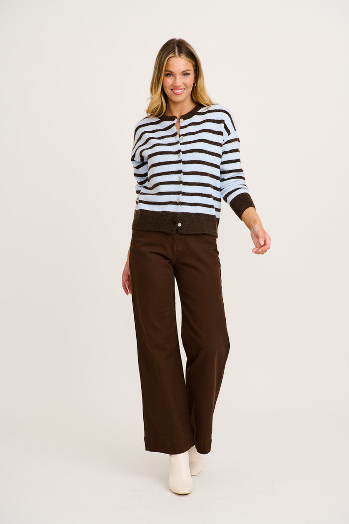 Fine Line Knit Cardigan in Blue Stripe Wool Blend full length