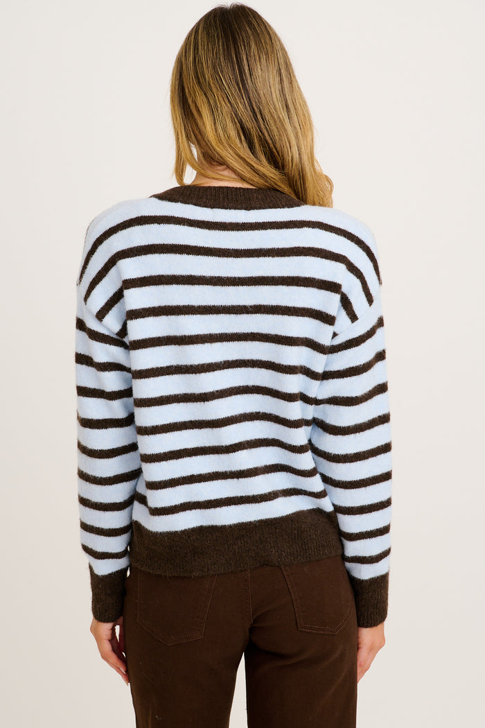 Fine Line Knit Cardigan in Blue Stripe Wool Blend back