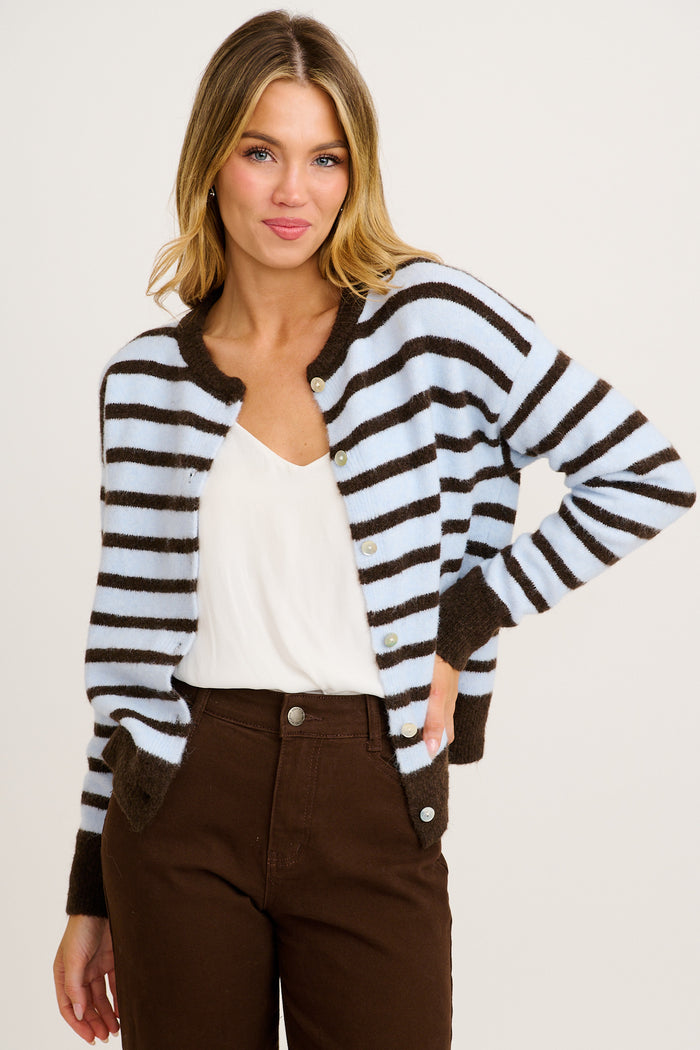 Fine Line Knit Cardigan in Blue Stripe Wool Blend front