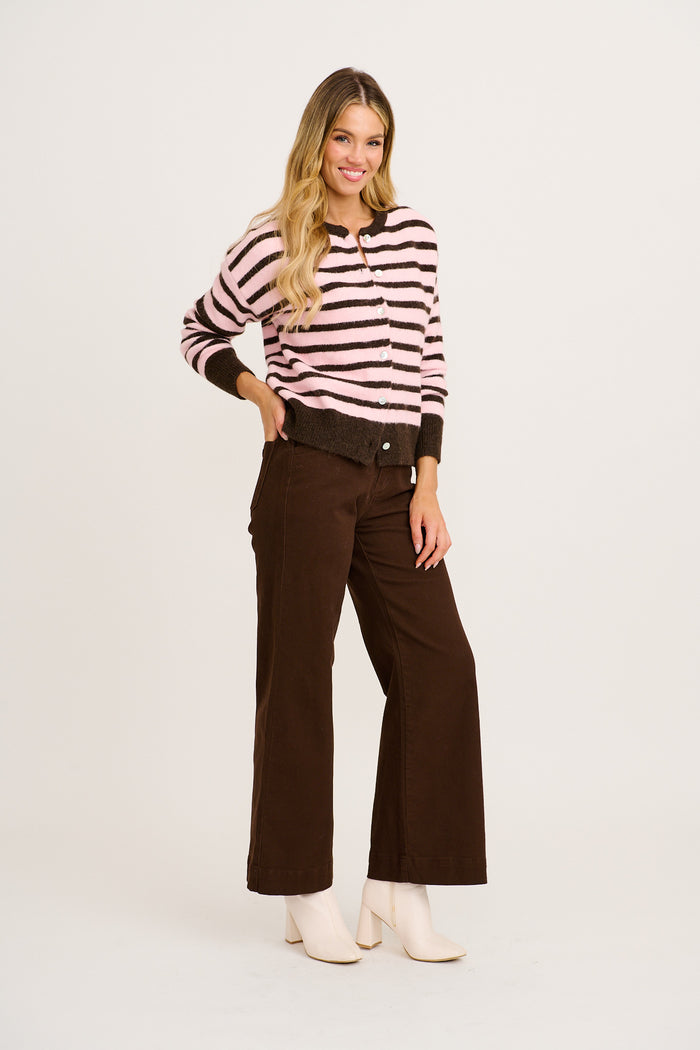 Fine Line Knit Cardigan in Pink Stripe Wool Blend full length
