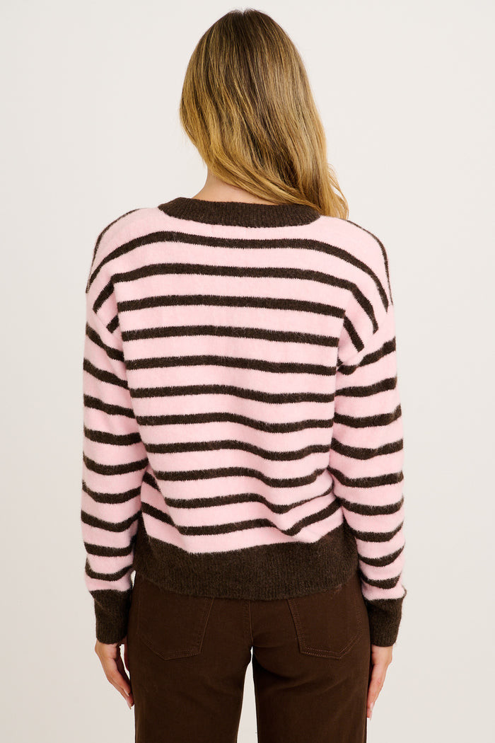 Fine Line Knit Cardigan in Pink Stripe Wool Blend back