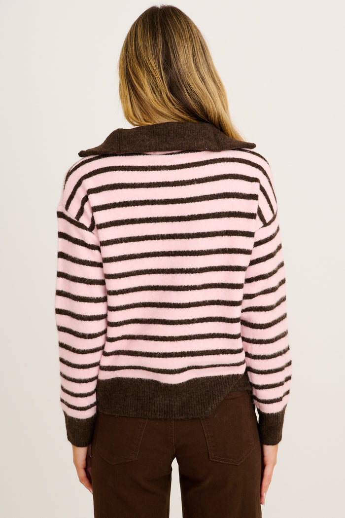 Winter Stars Zip Knit in Pink with Chocolate Stripe Wool Blend back